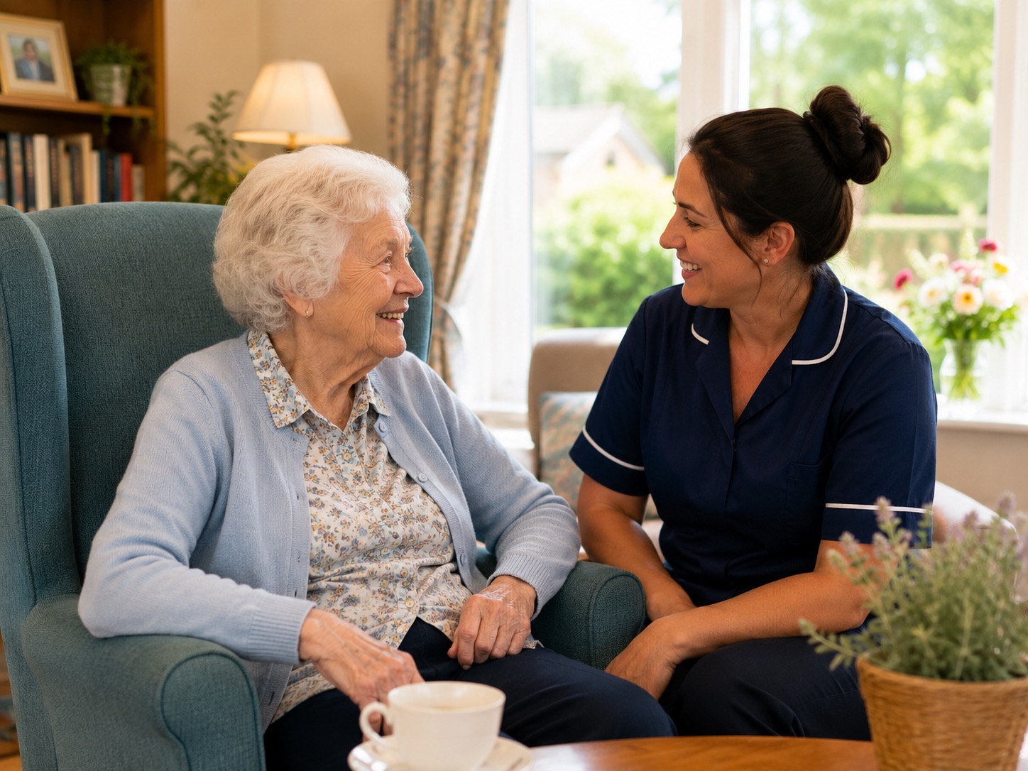 Residents sharing a warm conversation with care staff