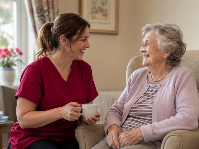 Staff and residents interacting at Burleigh House care home, Baldock
