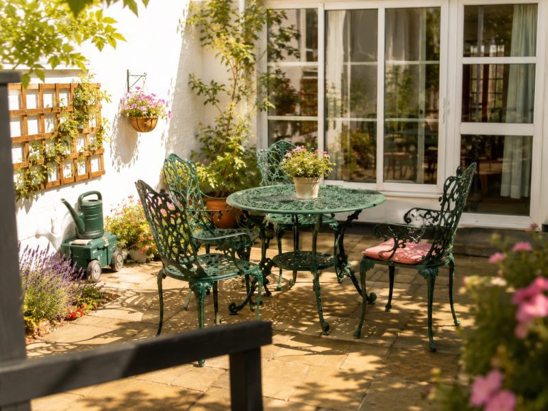 The garden patio at Burleigh House care home, Baldock, Hertfordshire
