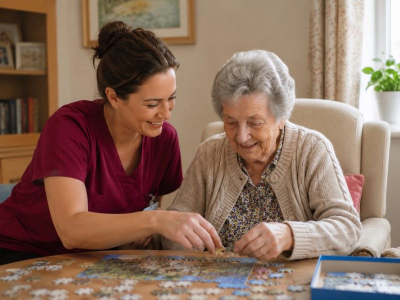 Residents doing puzzles together at Burleigh House care home, Baldock