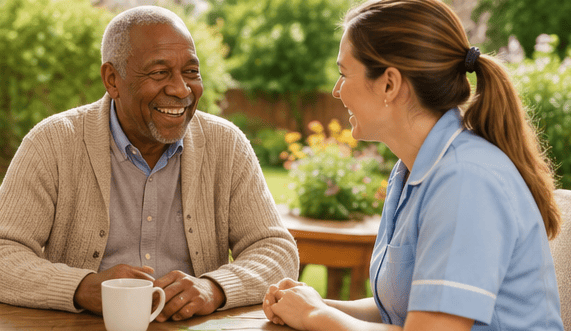 A member of the Burleigh House team discussing a respite care plan